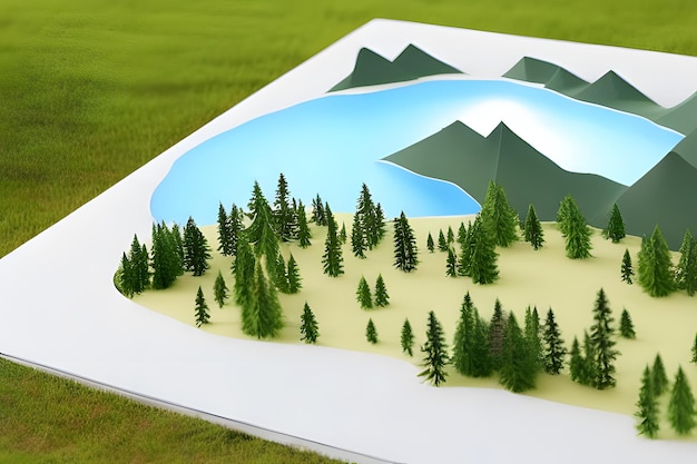 Foto arte 3d de talla de papel de escena de la naturaleza papercraft montaña nevada río bosque vista del cielo fondo del paisaje