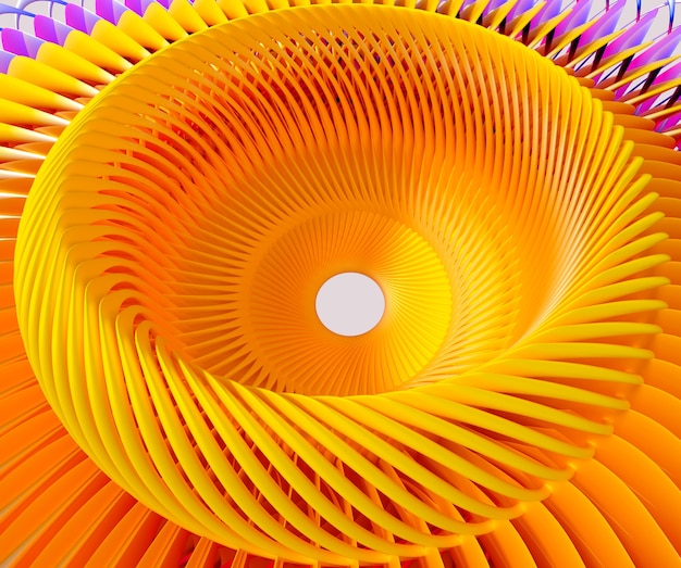 Arte abstracto 3d con motor de turbina surrealista con estructura retorcida o flor de sol estrella en amarillo
