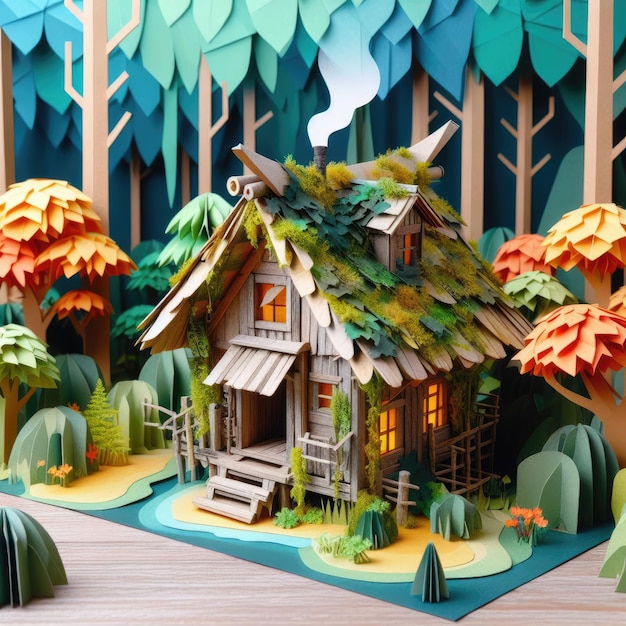 Foto arte abstracto arte de papel arte origami diorama de una cabaña de madera en un bosque con un techo viejo