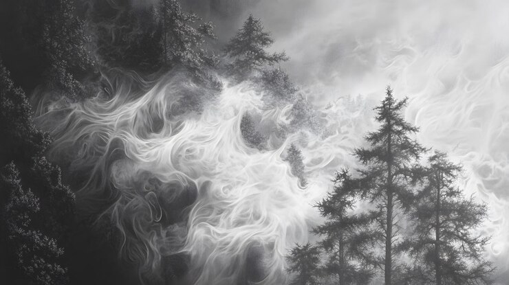 Arte abstracto en blanco y negro de árboles y humo