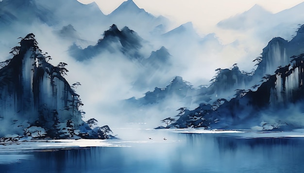 Arte abstracto Chinoiserie tinta paisaje pintura tinta pintura oro azul gris paisaje Japón