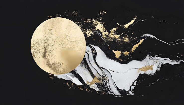 Arte abstracto con círculo dorado y remolinos negros, blancos y dorados
