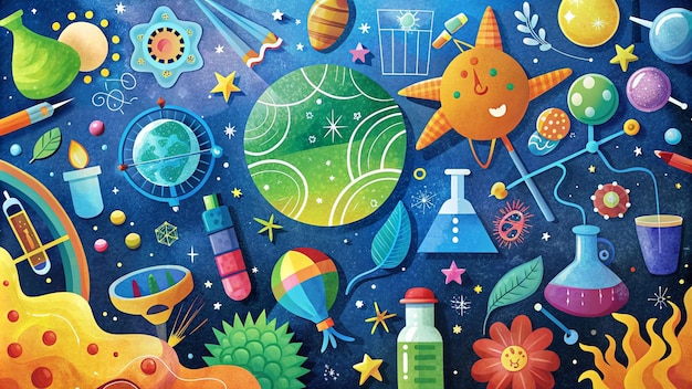 Arte abstracto colorido con estrellas, planetas y flores