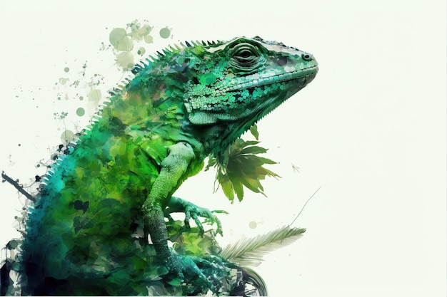 Arte abstracto contemporáneo doble exposición de lagarto verde y bosque