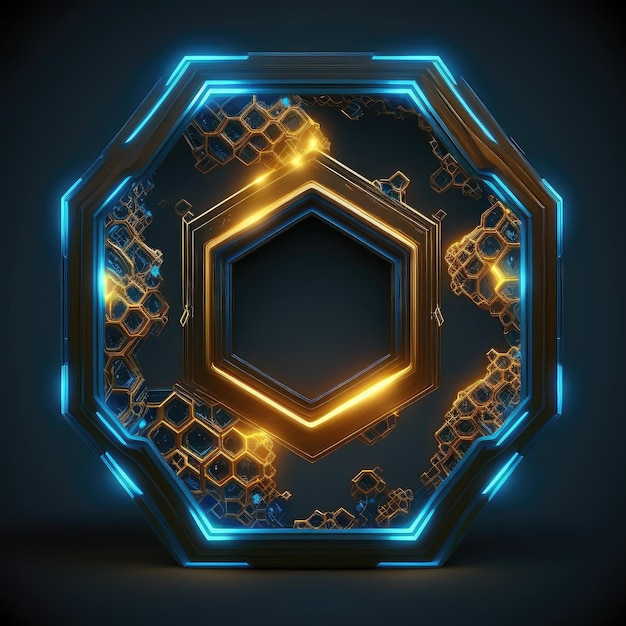 Arte abstracto de diseño de marco hexagonal dorado y azul brillante grueso