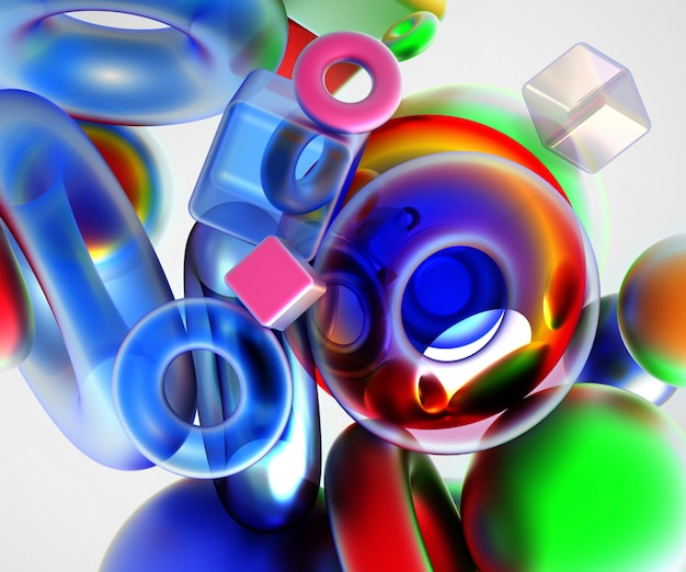 Arte abstracto con figuras de geometría voladora como cubo toro y bolas en multicolor
