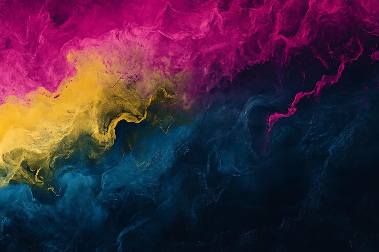 Arte abstracto fluido rosa, amarillo y azul vibrante
