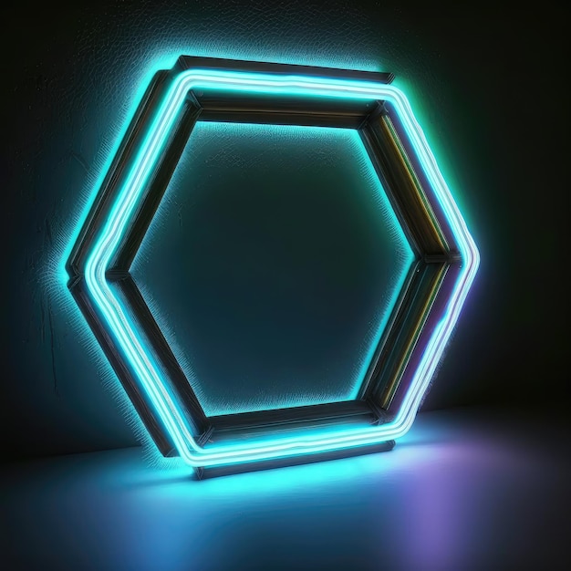 Arte abstracto en foco de neón en marco hexagonal aislado sobre fondo negro