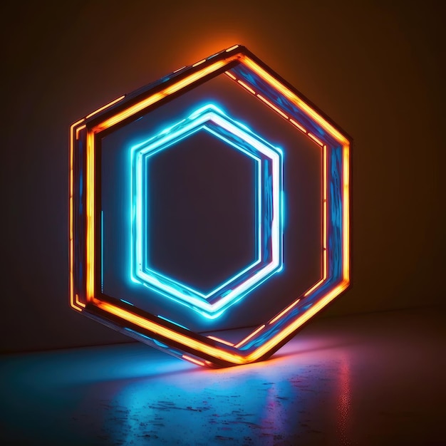 Arte abstracto en foco de neón en marco hexagonal aislado sobre fondo negro