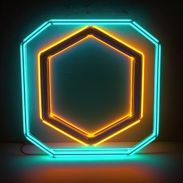 Arte abstracto en foco de neón en marco hexagonal aislado sobre fondo negro