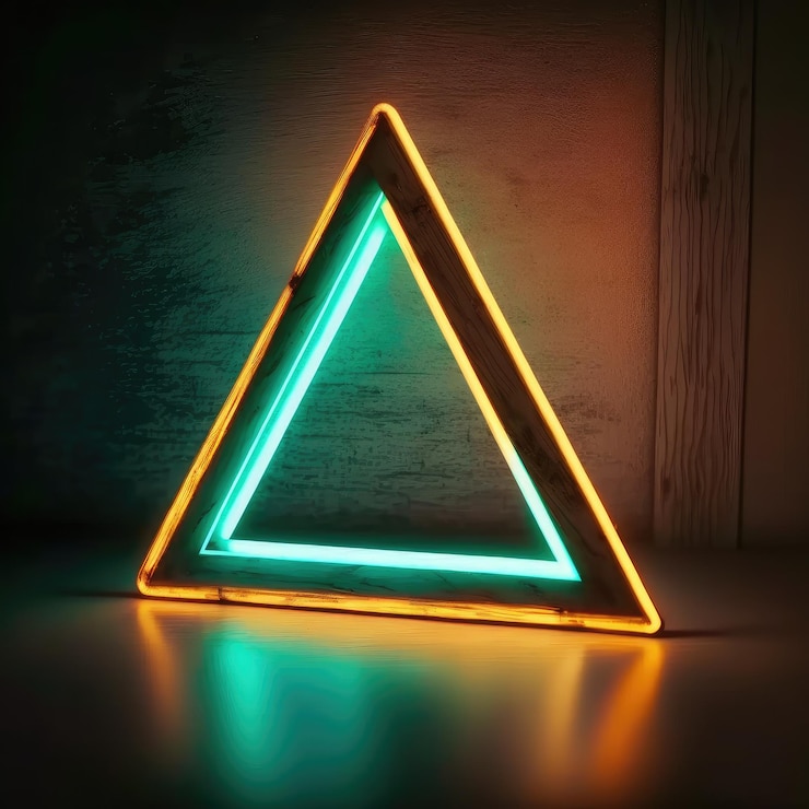 Foto arte abstracto en foco de neón en marco triangular aislado sobre fondo negro