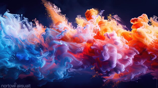 Arte abstracto con una mezcla explosiva de colores vibrantes en el espacio dispersando partículas brillantes a través de un fondo oscuro