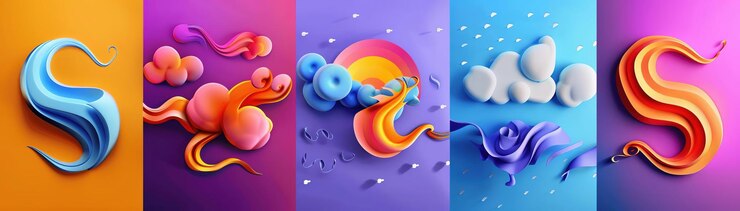 Foto arte abstracto de modelos 3d de íconos meteorológicos abstractos estilizados en colores vivos y formas fluidas