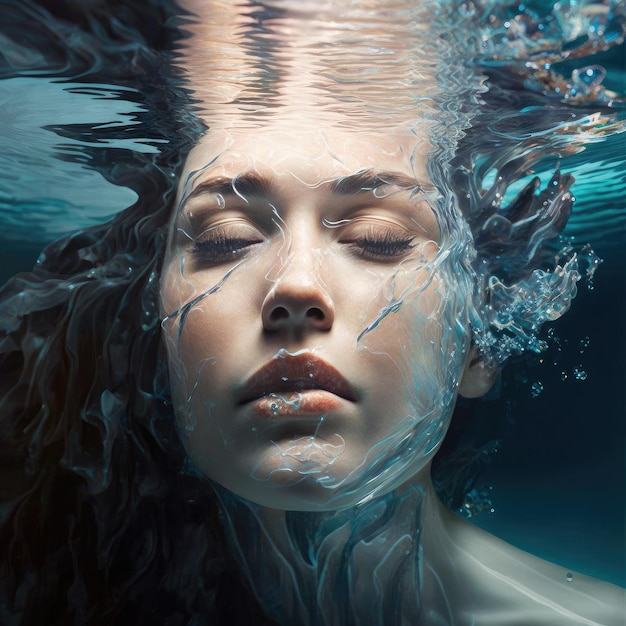 Arte abstracto en mujer hermosa cara en concepto de paisaje marino submarino