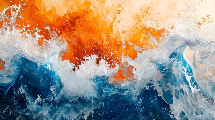 Arte abstracto de una ola que choca con tonos naranja y azul