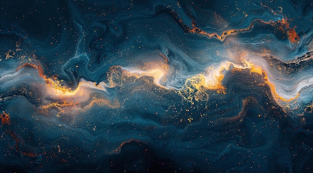 Arte abstracto con patrones giratorios azules y naranjas que se asemejan a una escena cósmica