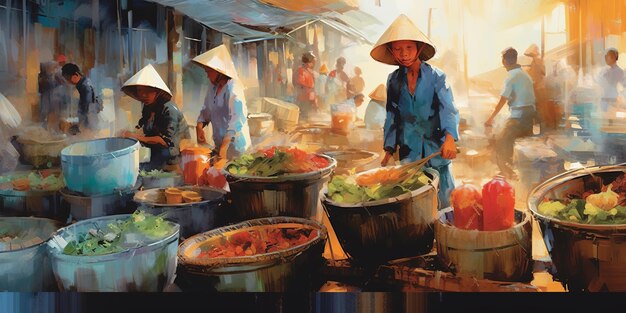 Arte abstracto de la pintura de ilustración del mercado fresco vietnamita.