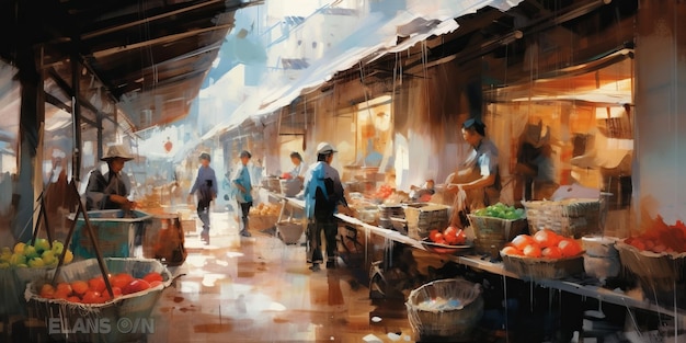 Arte abstracto de la pintura de ilustración del mercado fresco vietnamita.