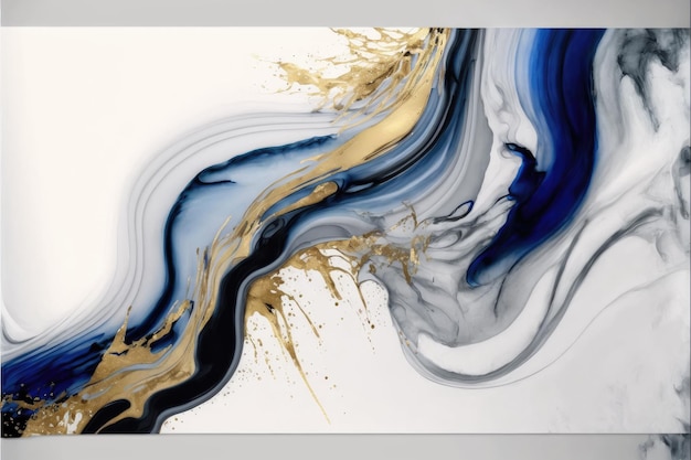 Arte abstracto salpicado de color en textura de tinta fluida azul y dorado en el fondo