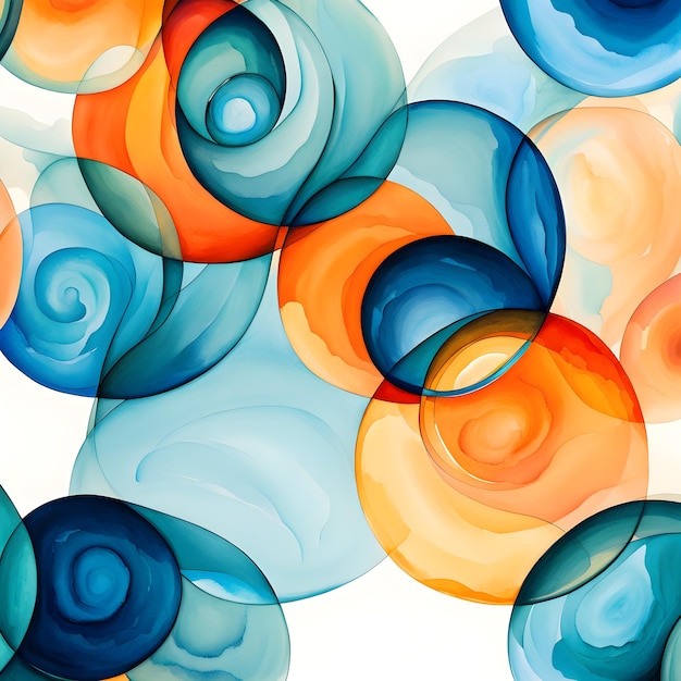 arte abstracto con tonos azules y naranjas ilustración con círculos en mezcla de colores de estilo acuarela