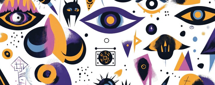 Foto arte abstracto con varios ojos malvados y otros símbolos místicos con color púrpura azul amarillo negro y naranja en fondo blanco