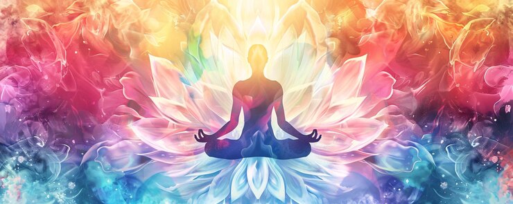 Arte abstracto vibrante con una silueta de un hombre meditando en la postura del loto