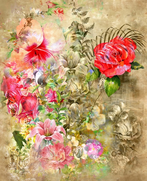 Arte abstrata com flores coloridas em aquarela