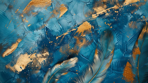 Arte abstrata com traços azuis e detalhes de textura de folha de ouro