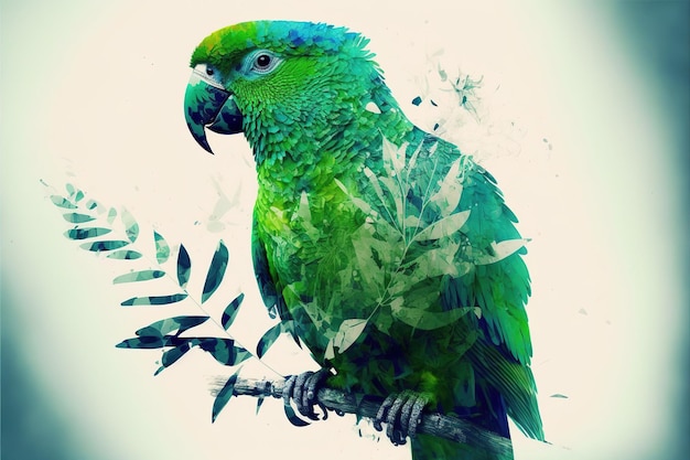 Arte abstrata contemporânea dupla exposição de papagaio verde e floresta