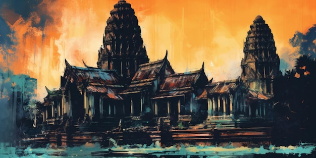 arte abstrata de antigas ruínas vazias de uma pintura de ilustração de um templo tailandês