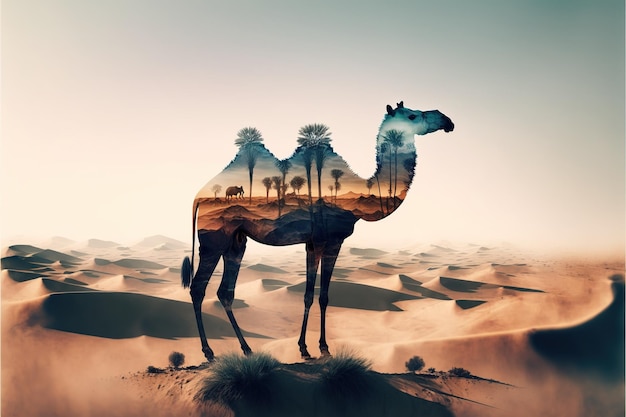 Arte abstrata de camelo em dupla exposição do deserto do saara