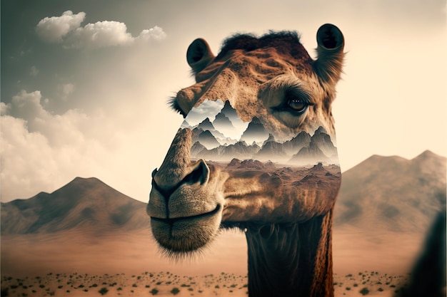 Arte abstrata de camelo em dupla exposição do deserto do saara