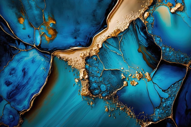 Arte abstrata de tinta de mármore azul e fundo dourado Ai gerado