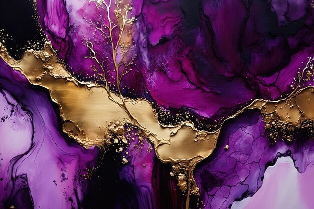 Arte abstrata de tinta de mármore roxo e fundo dourado Ai gerado