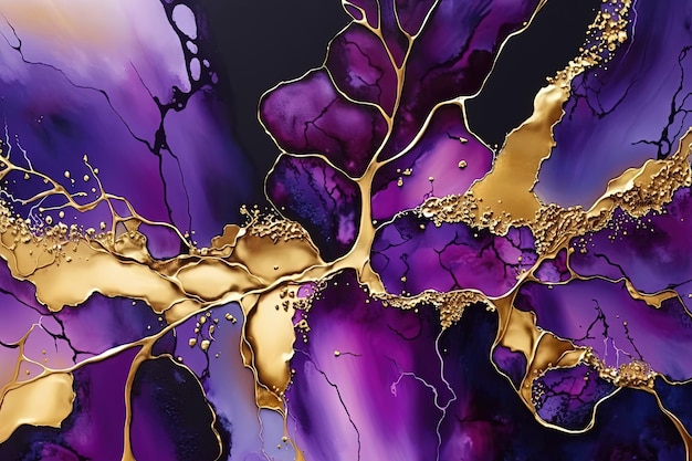 Arte abstrata de tinta de mármore roxo e fundo dourado Ai gerado