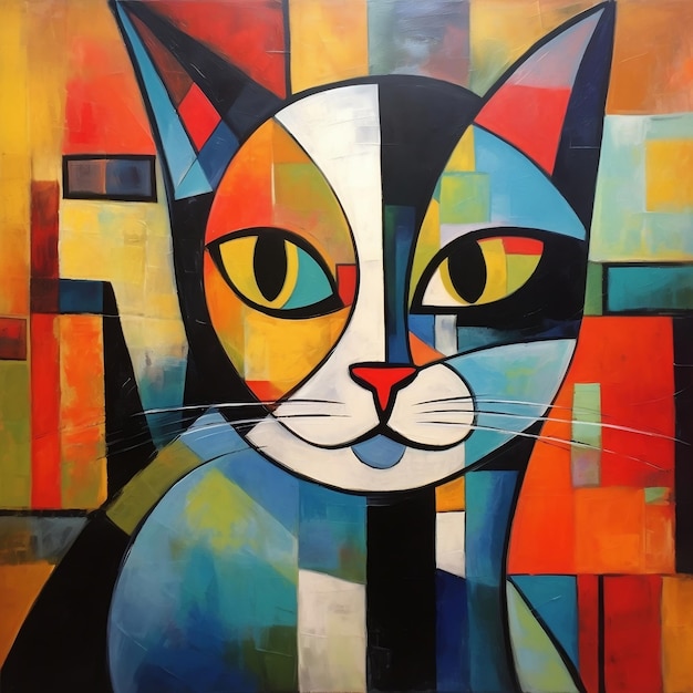 Arte Abstrata de um Gato Inspirado por Picasso com uma Gatinha Posando para uma Pintura de Retrato Generativa AI