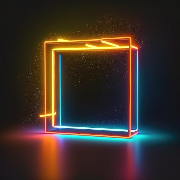 Arte abstrata em holofotes neon em moldura quadrada isolada em fundo preto