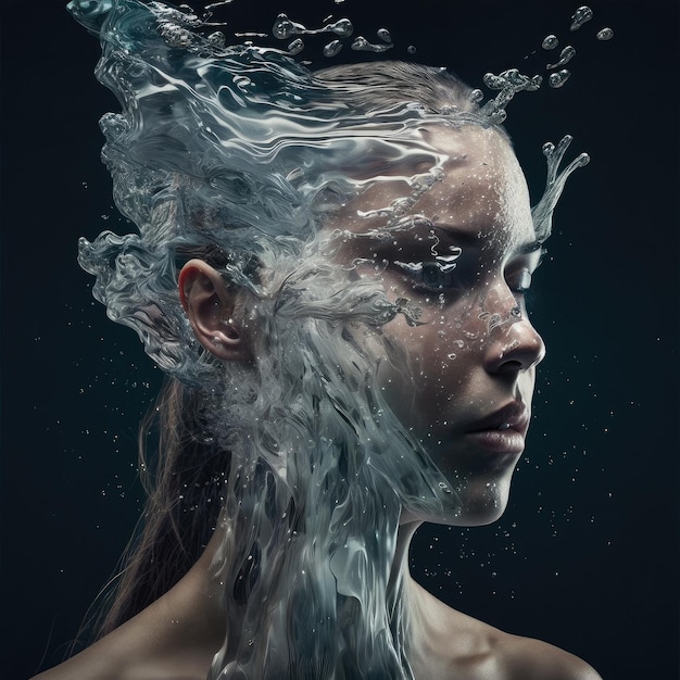 Arte abstrata em mulher de rosto bonito no conceito de paisagem subaquática