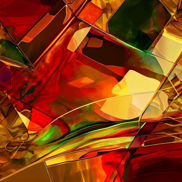 Arte abstrata em ouro líquido brilhante, cores vermelhas e verdes e elemento de formas geométricas
