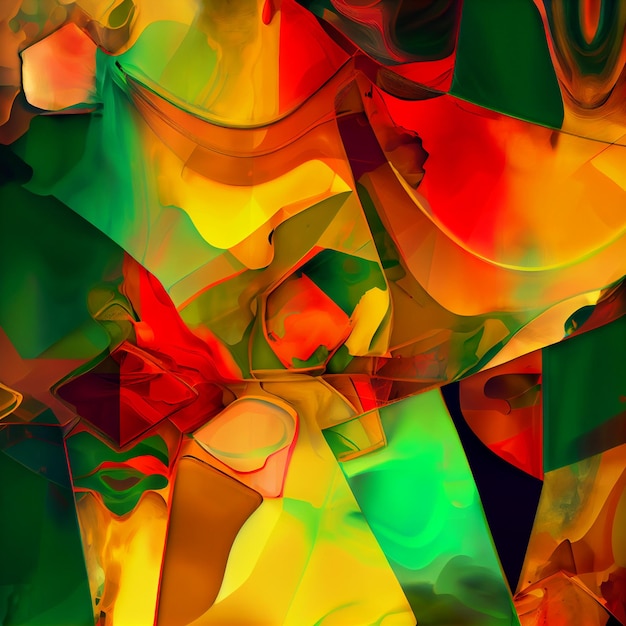 Arte abstrata em ouro líquido brilhante, cores vermelhas e verdes e elemento de formas geométricas
