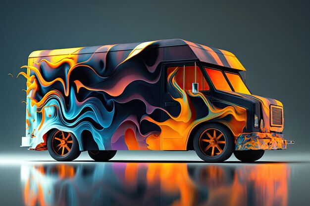 Arte abstrata em van de caminhão em padrão de cor de fogo com roda quente