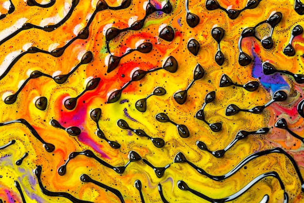 Arte abstrata. Estilo incorpora redemoinho, design artístico com cores de óleo laranja, amarelo e vermelho ou aquarela formando incríveis estruturas intrincadas com ferrofluido