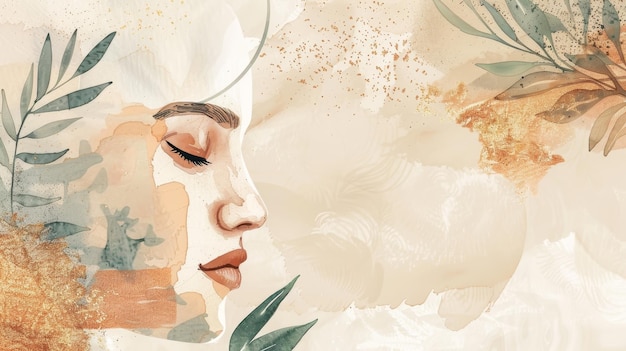 Foto arte abstrata fundo botânico moderno mulheres de rosto folha flor e árvore cercada por tonalidade da terra aquarela e brilho dourado desenho minimalista para textos embalagem e impressões