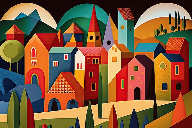 Arte abstrata moderna colorida do conceito na vila europeia