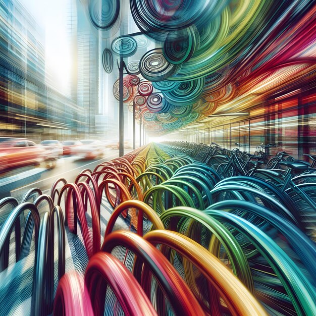 Foto arte abstrata para espaços urbanos com suportes de bicicletas multicoloridos e vibrantes