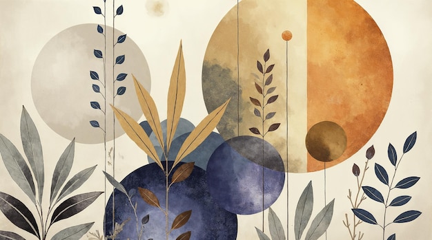 Arte de acuarela botánica abstracta con formas geométricas