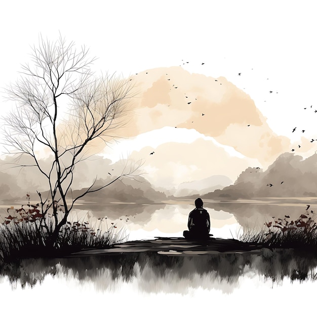 Arte en acuarela de meditación de ancianos Figura solitaria contemplando el cielo Festival solitario y tranquilo de Dongzhi