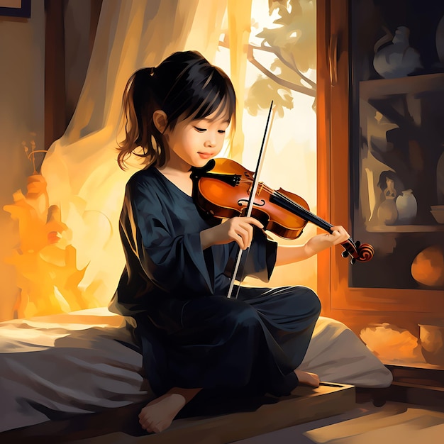 Arte en acuarela de una niña tocando Erhu, un joven músico tocando el Festival Rapt Attenti Dongzhi