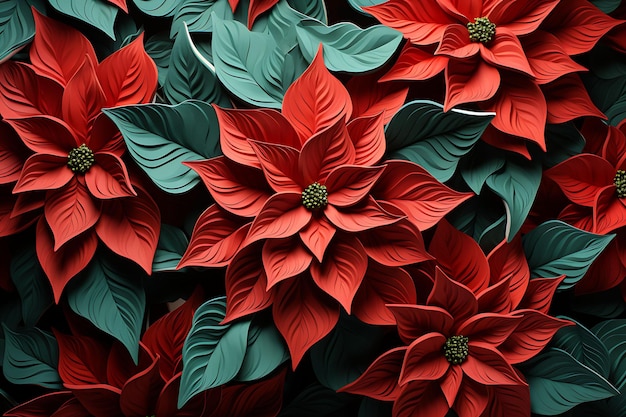 Arte de acuarela de poinsettias capas de pétalos hojas brillantes flores carmesí belleza verde marco húmedo