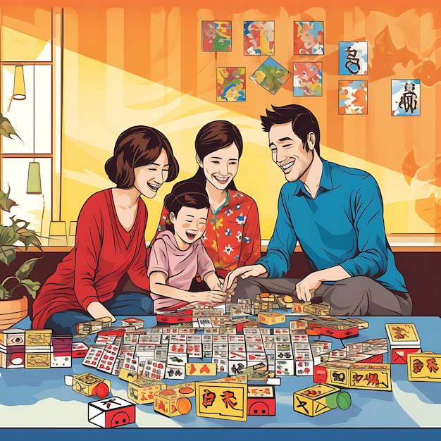 Arte de la acuarela del tiempo de juego familiar Mahjong Azulejos en la mesa Familia sentada junto al Festival Dongzhi